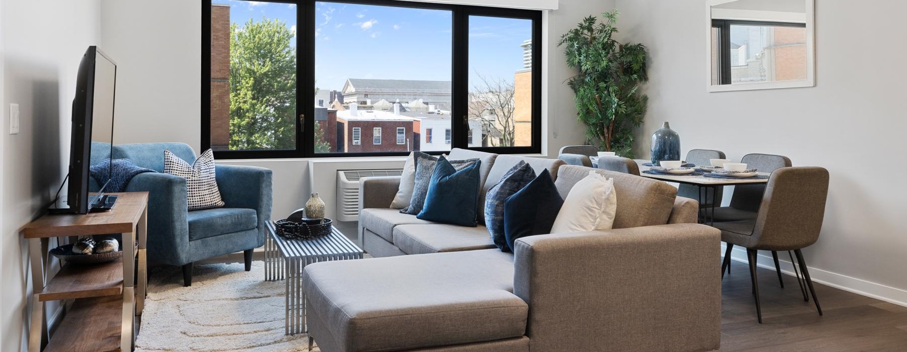a living room with a large window