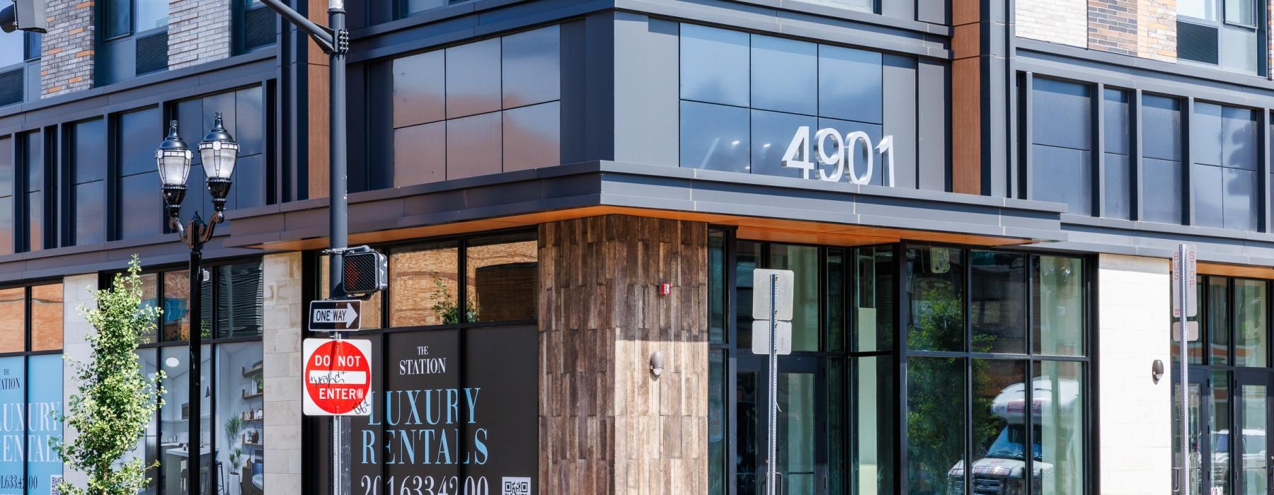 a building with a sign in front