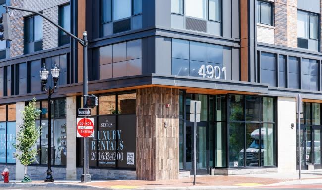 a building with a sign in front